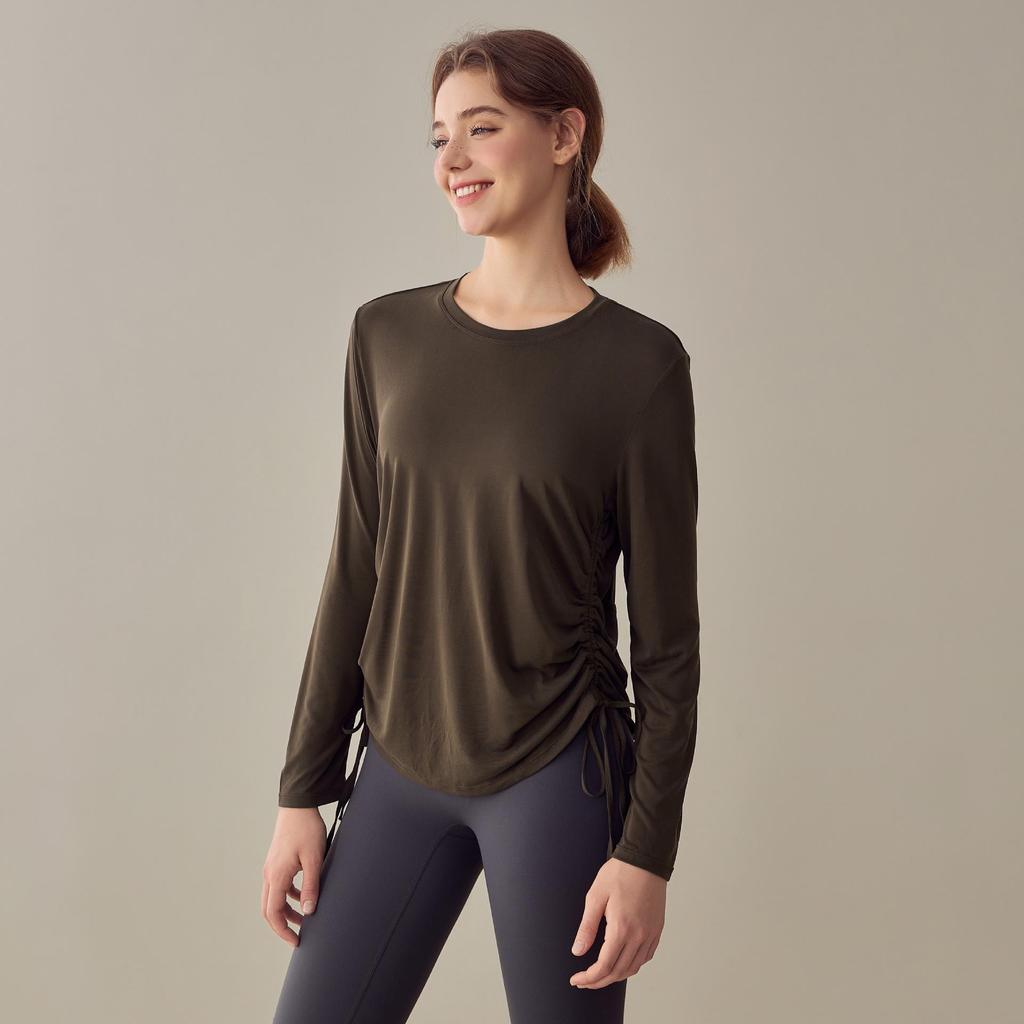 Women’s Slimming Long-Sleeve Yoga Suit - Loose Drawstring Casual Sports Top for Autumn and Winter Fitness, Pilates, and Training