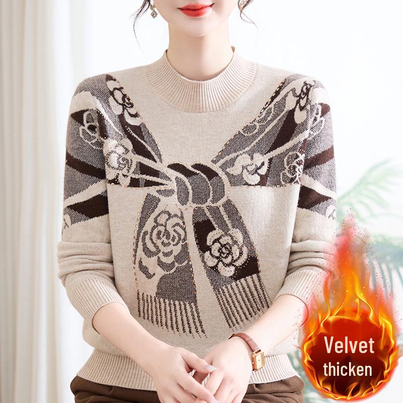 Stylish Winter Sweater for Middle-aged and Elderly: Warm Knitted Pullover with Plus Velvet for 50+ Mothers
