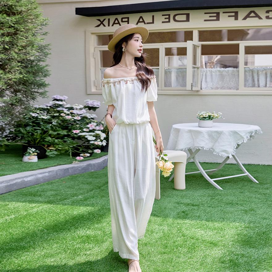 

Комплект брюк с широкими штанинами Женский летний новый дизайн чувство моды топ с открытыми плечами модный и стильный комплект из двух предметов XXL