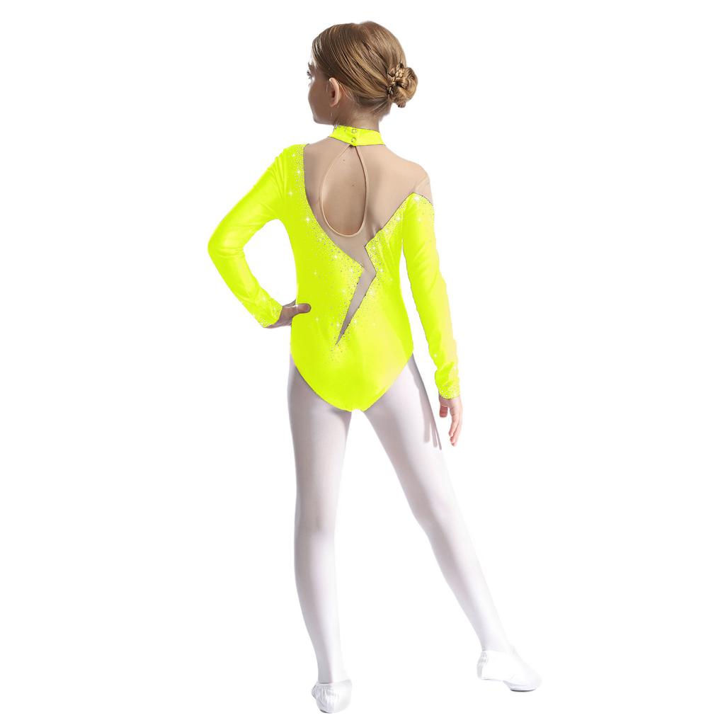 Dívčí třpytivé kamínky gymnastický dres dlouhý rukáv klíčová dírka na zádech průsvitná síťovina patchwork body pro krasobruslařskou soutěž