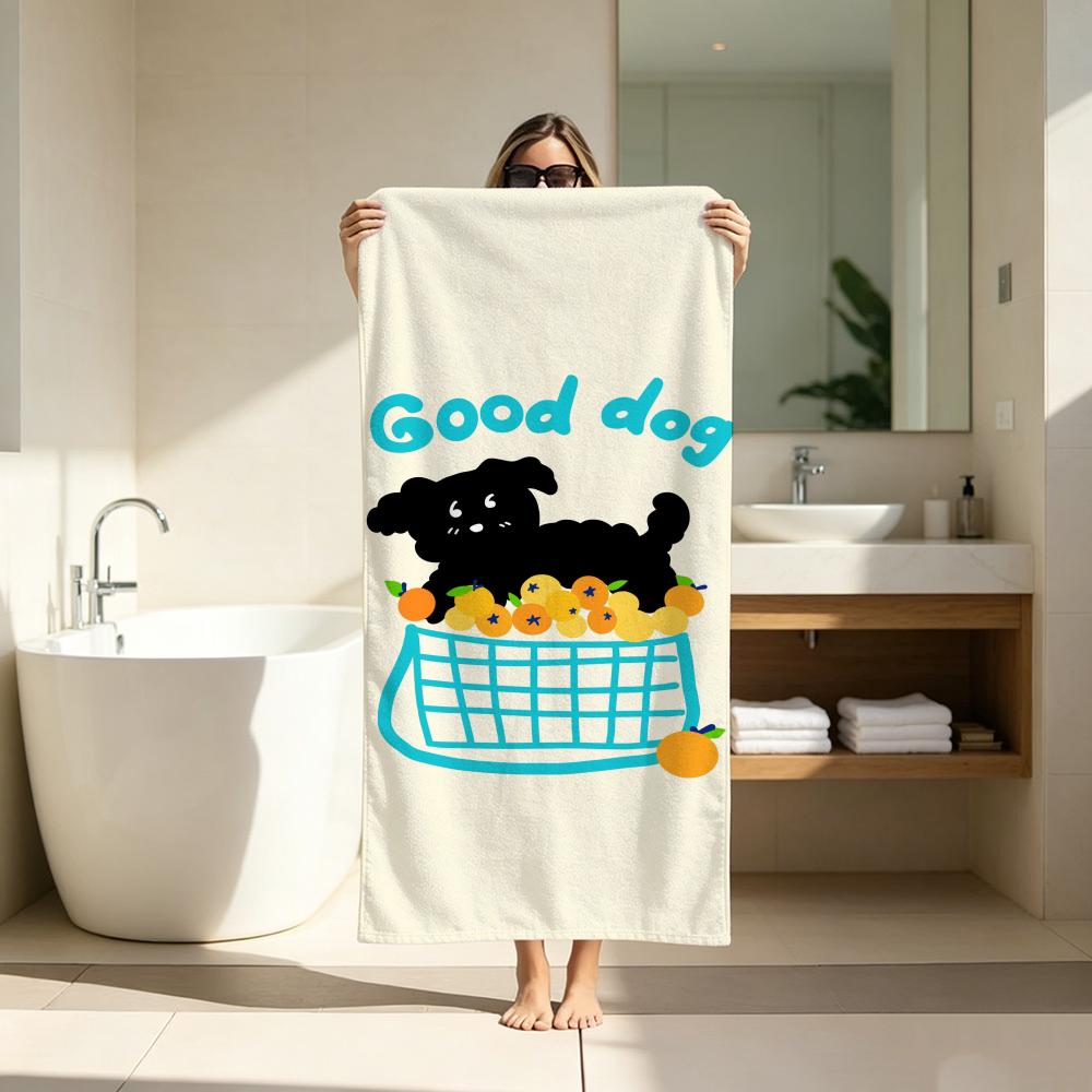 Cartoon Cute Black Puppy Fruit Towel Microfiber soft Beach Towel for Travel Fitness Sauna Bathing Camping