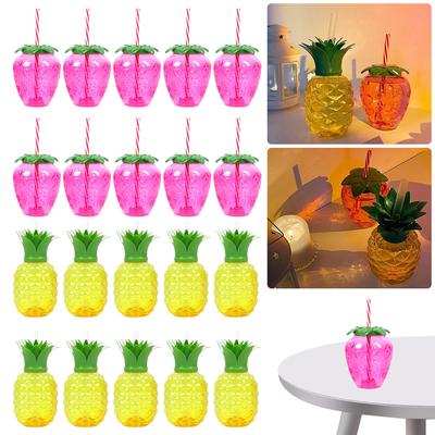 10Pcs Plastic Strawberry Pineapple Drinking Cup with Straw Party Cups Juice Cups Luau Flamingo Summer Beach Pool Party Decor