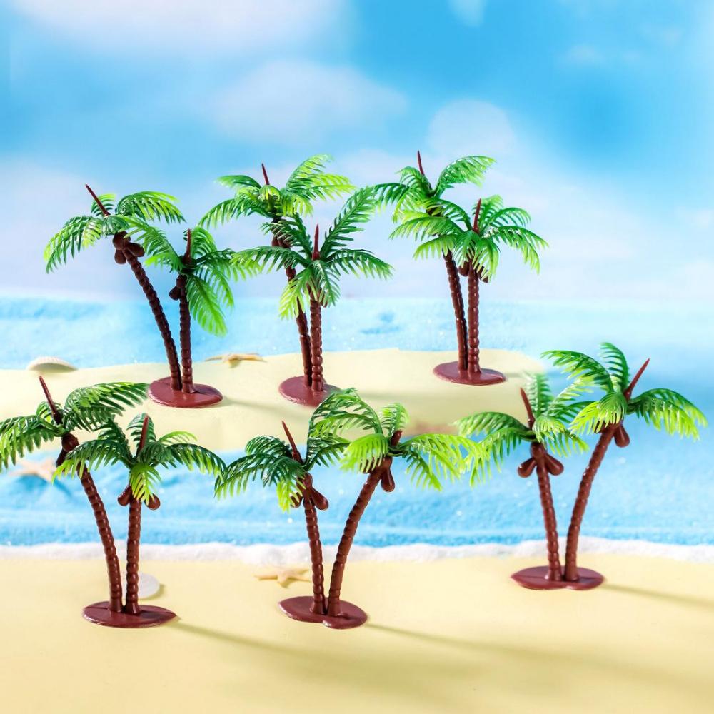 5 Stück Miniatur-Kokospalmen-Set, Simulierte Strand-Sand-Schale Landschaftsmodell, Doppel-Kokospalmen-Pflanzen-Dekorationen, Zubehör-Schmuckstücke