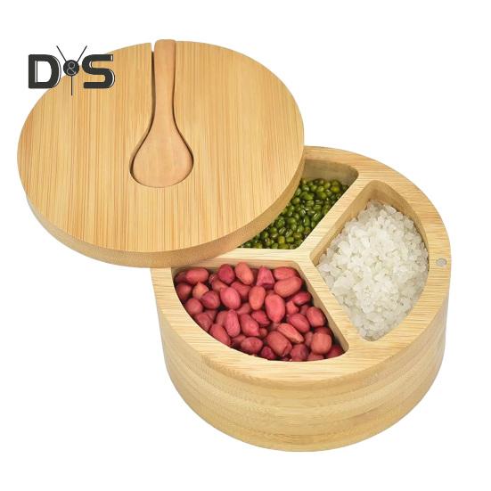 

Бамбуковая солонка, коробка для приправ с магнитным замком, закручивающаяся крышка, встроенная ложка для соли, сахара, перца, специй, большой контейнер для соли для кухни E