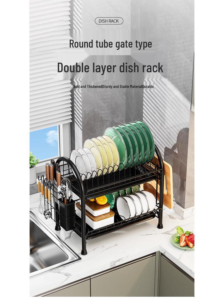 Kitchen Countertop Dish Drying and Storage Rack with Basket for Plates and Utensils