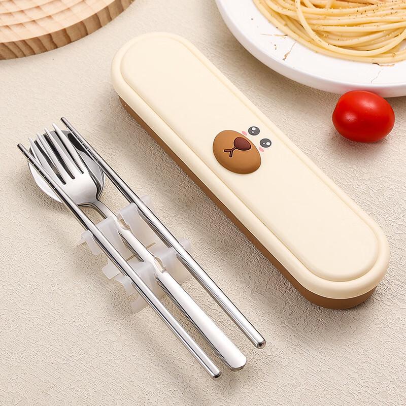 

JIN MING LI Cartoon Portable Stainless Steel Tableware Set with Storage Case 3-piece set