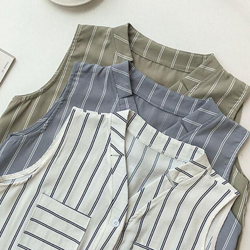 Dámská vesta s výstřihem do V a jednořadým zapínáním na knoflíky, košile s pruhovaným potiskem, plisovaná bez rukávů, slim střih, šifonové topy