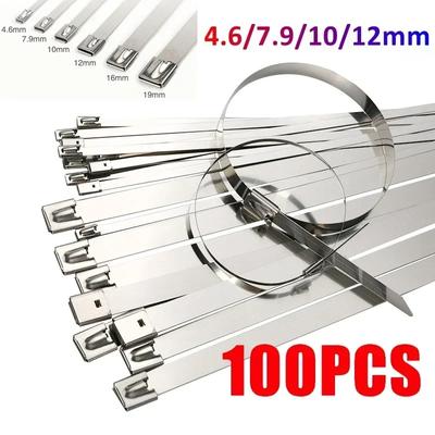 100PCS Abraçadeiras de Metal 304 Aço Inoxidável 4.6/7.9/10/12mm Envoltório de Escape Revestido Auto-Travamento Metal Zip-Exhaust Braçadeira de Cabo de Travamento