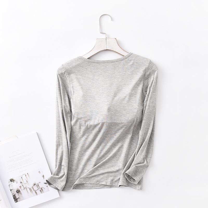 Damen Einfarbiges Langarm-Top mit eingebautem BH-Cup – Schlichter Herbst-/Winter-Stil