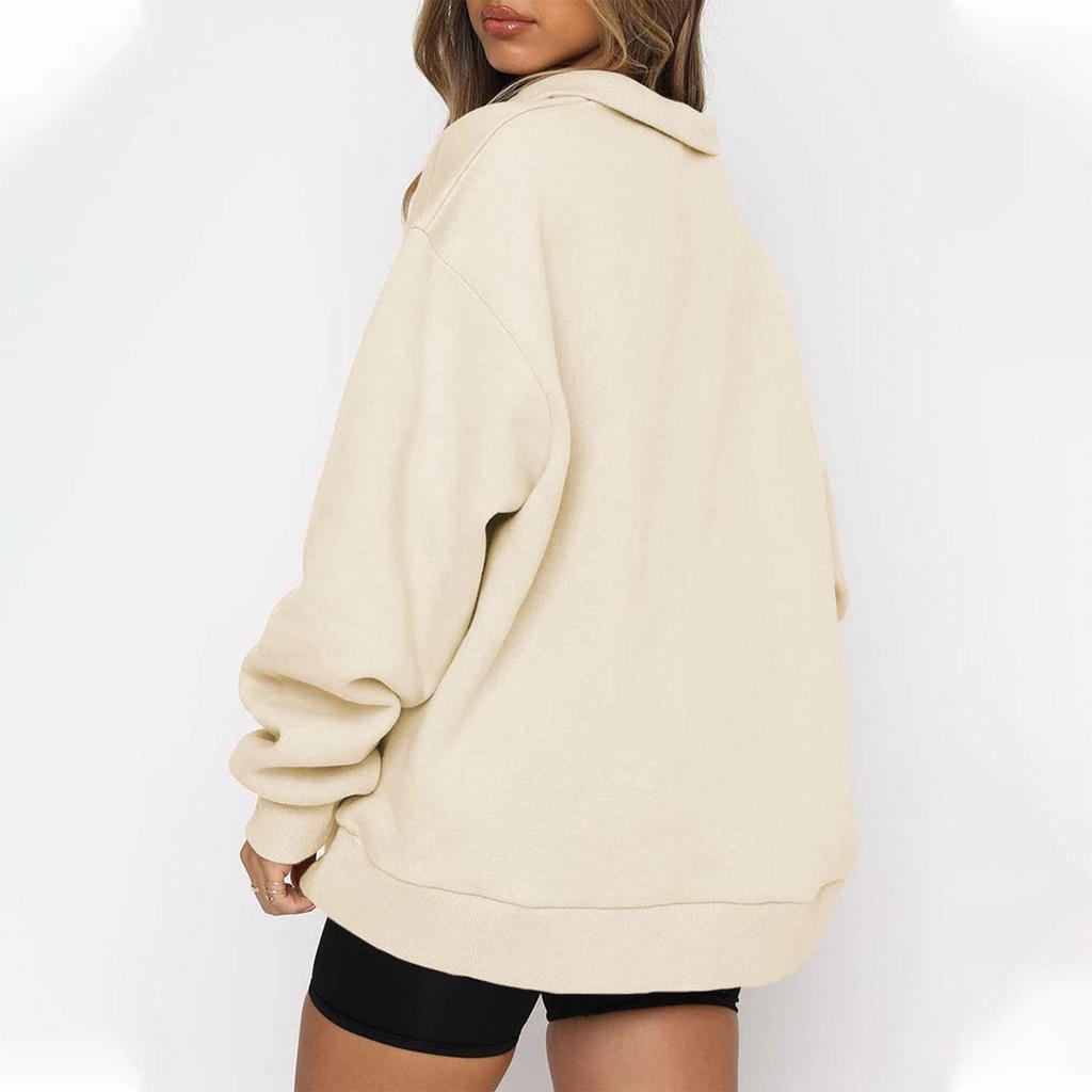 Women's Half-Zip Fleece-Lined Sweatshirt: European and American Autumn/Winter Casual Long Sleeve Top