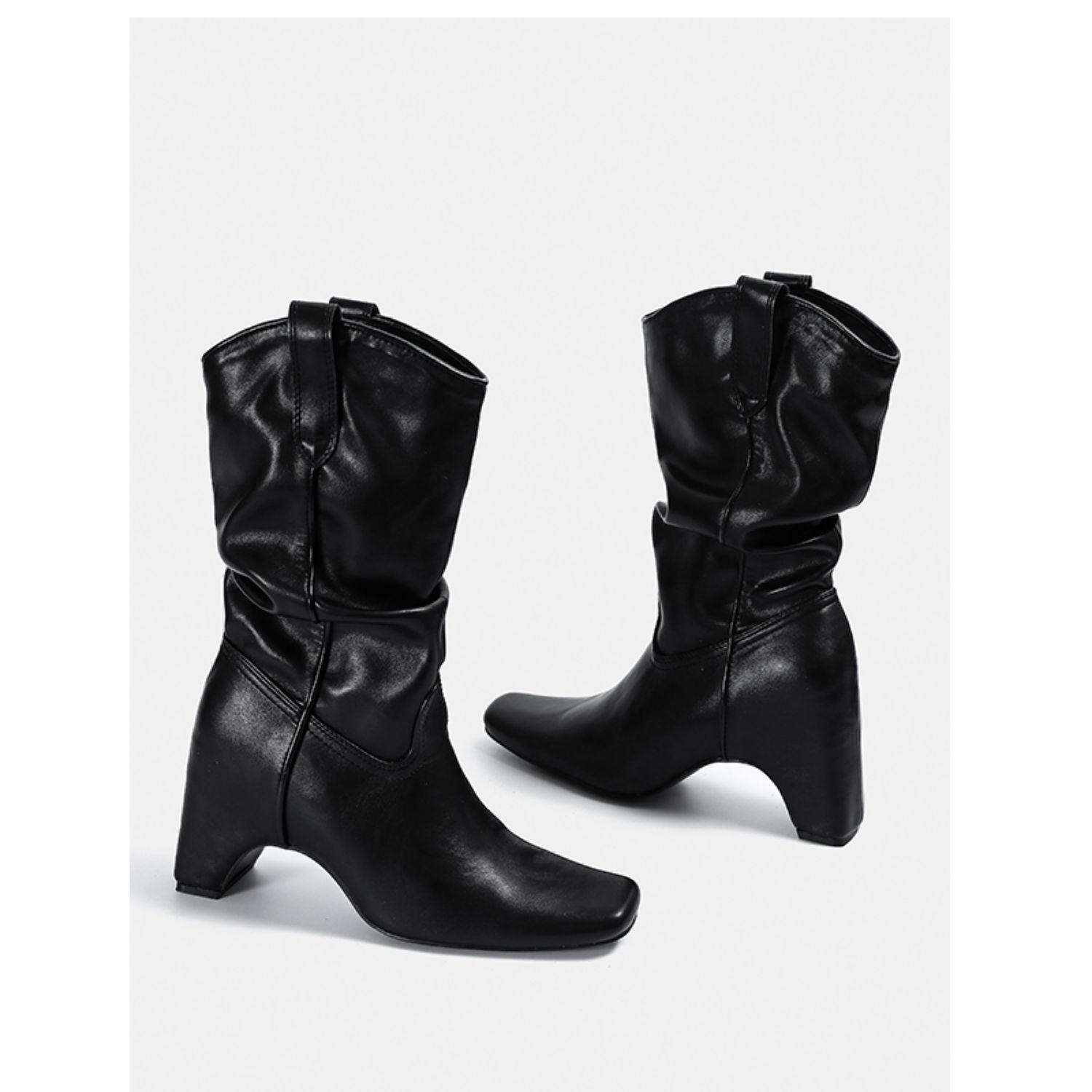 Плиссированные ботинки на квадратном каблуке 2025 года новые на толстом каблуке с V-образным вырезом вестерн-ковбойские ботинки ретро тонкий рукав рыцарские короткие ботинки 40 чёрный 6690₽