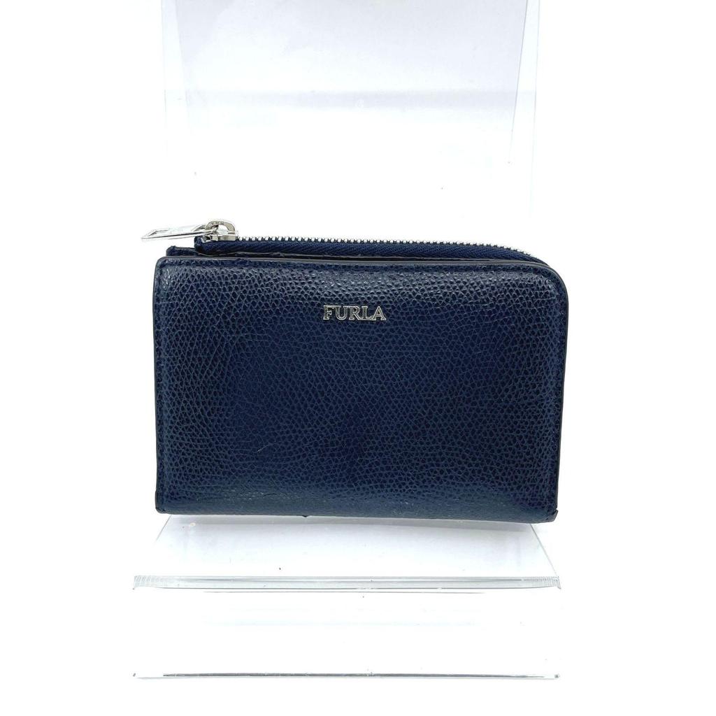 Used FURLA bi-fold card case coin case navy dark blue leather
