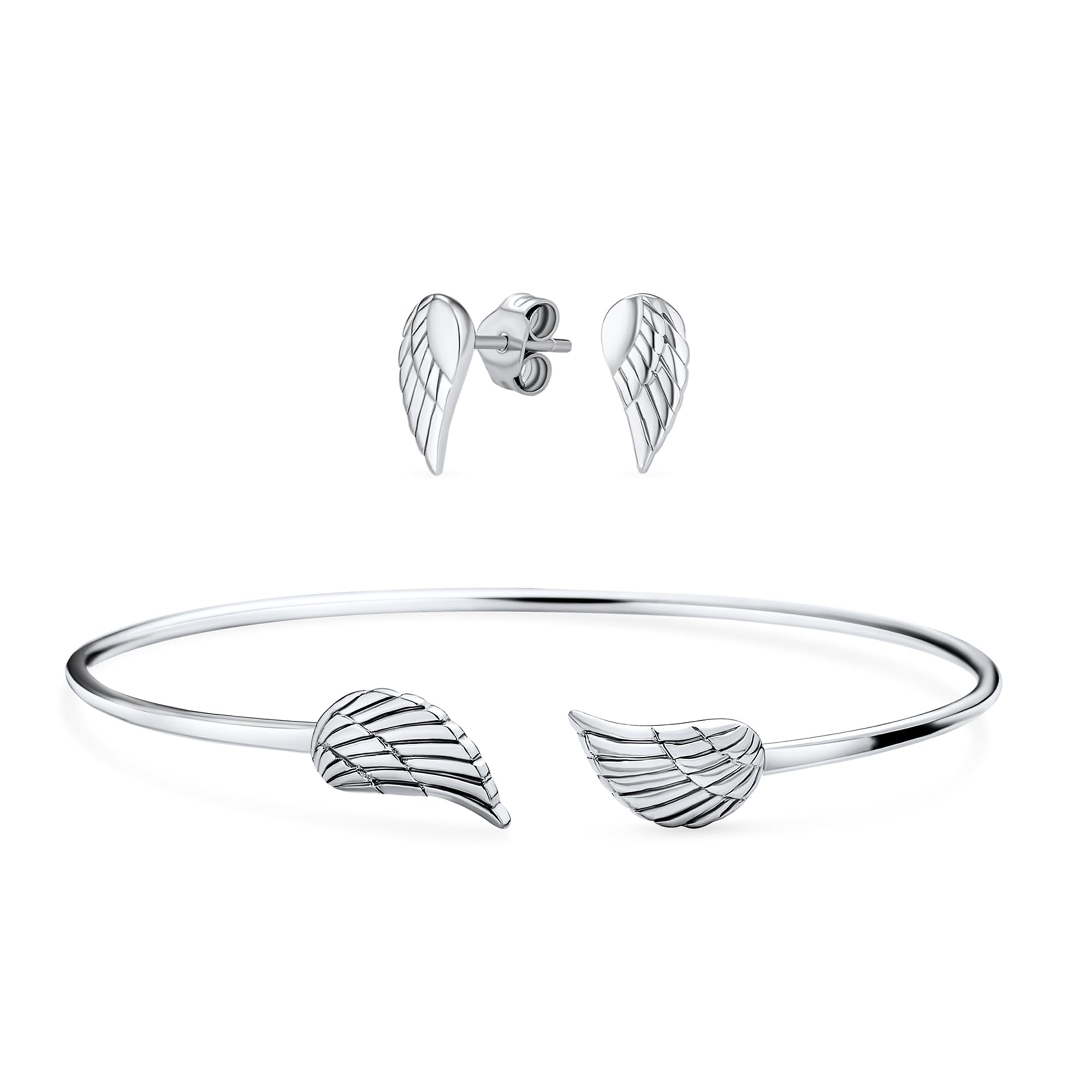 

Delicate Spiritual Guardian Angel Wing Feather Stud Earrings and Bangle Cuff Bracelet Jewelry Set for Women 925 Sterling Silver [Bling Jewelry] Teens.