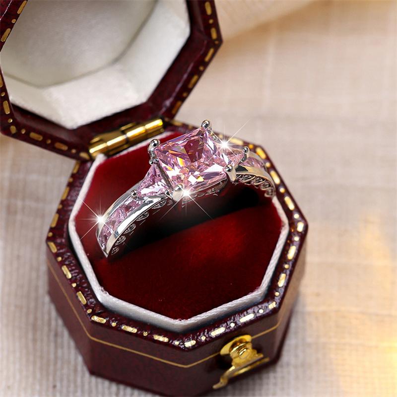 Luxury Female Crystal Pink Stone Ring Trendy Silver Color Engagement Wedding Jewelry