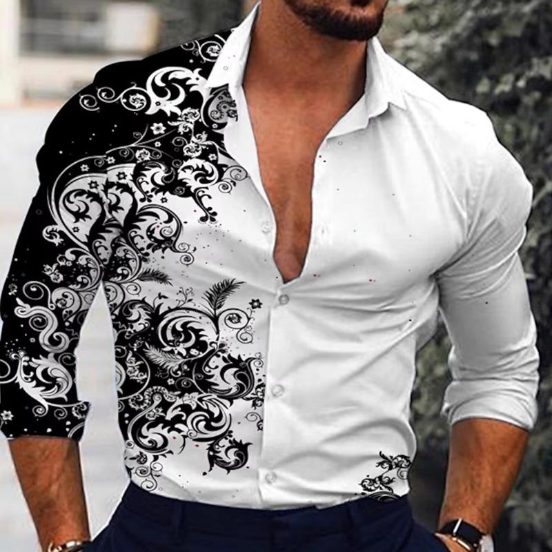 Men's Red Patterned Long-sleeved Shirt Men's Casual Versatile Fashion Street Men's Shirt Lapel Single-breasted Long Sleeve