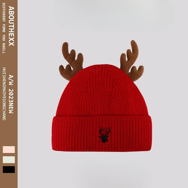 Christmas Gift Japanese Cute Antlers and Wool Hat for Women In Winter Warm Knitted Hats for Students Versatile Trend