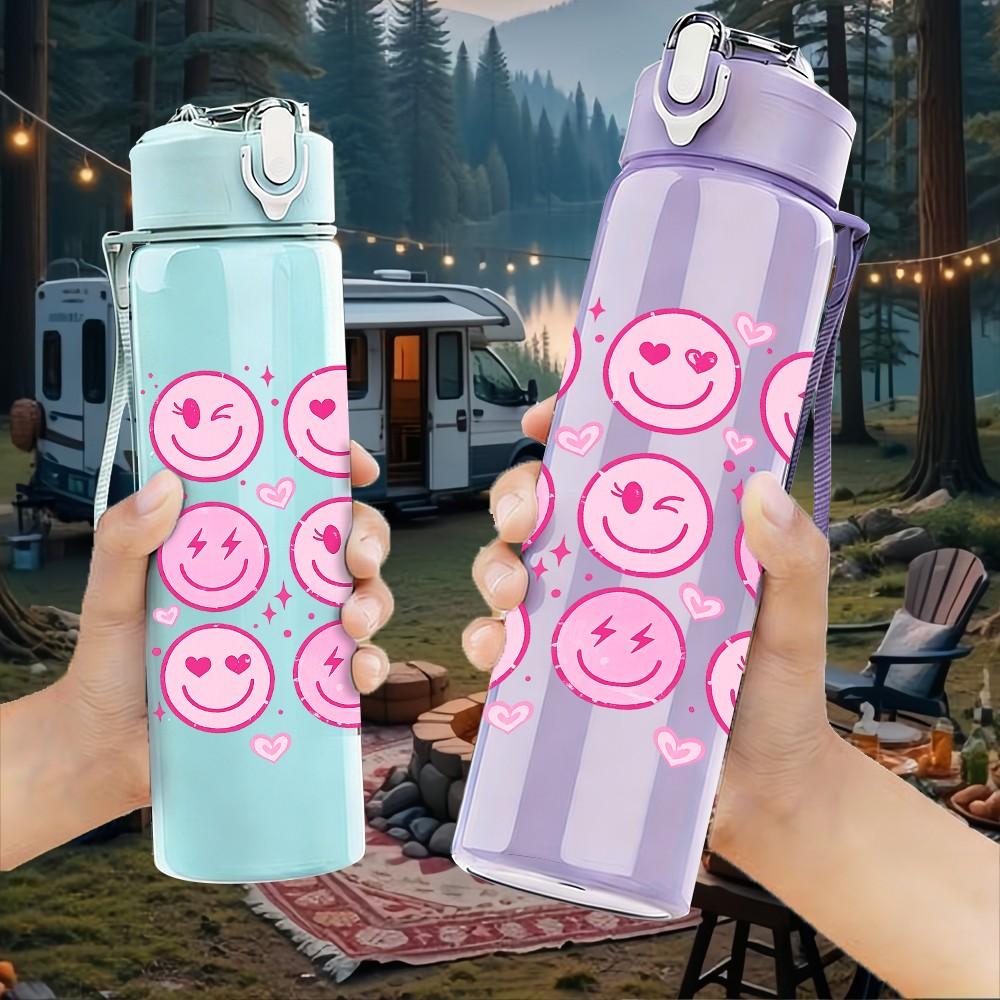 1PC Pink Smiley Face Emoji Pattern Print 750ml Color Plastic Sports Water Bottle Leakproof Flip Straw Lid Suitable for Sports Office Home Use