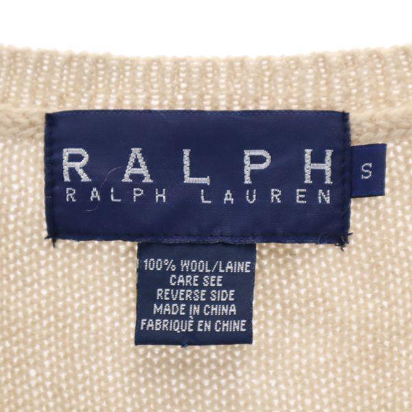 RALPH LAUREN One point embroidery Long sleeve V neck sweater S Beige knit Women Used