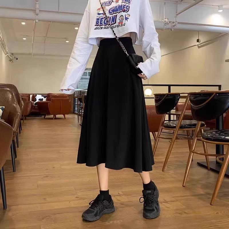 Large High-Waist A-Line Skirt for Women - 2024 Spring, Medium-Length, Black, Fashionable Korean Style Umbrella Skirt