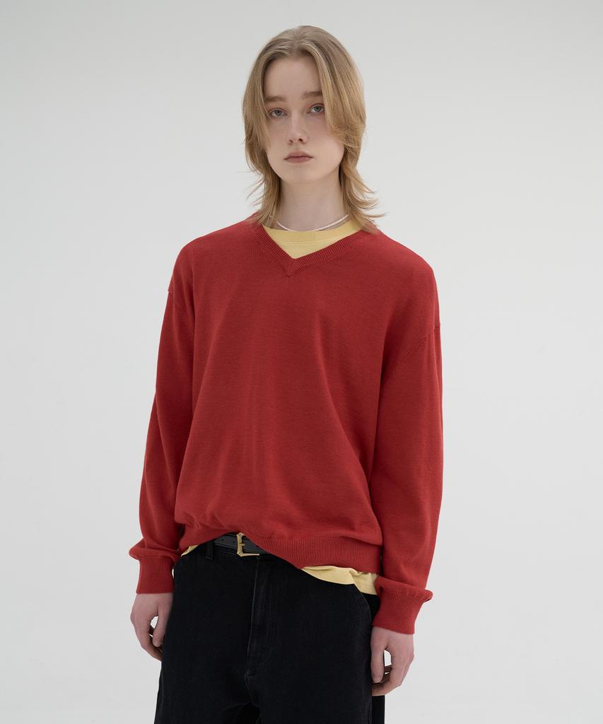 KNOUUN Crop V Neck Knit (Red)