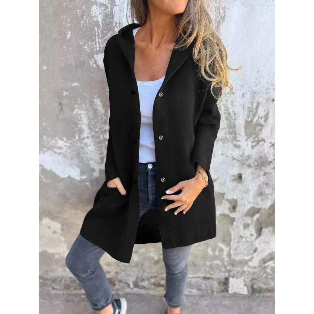 Manteau pour femme à capuche de couleur unie de grande taille, épais, à simple boutonnage, pour l'automne et l'hiver