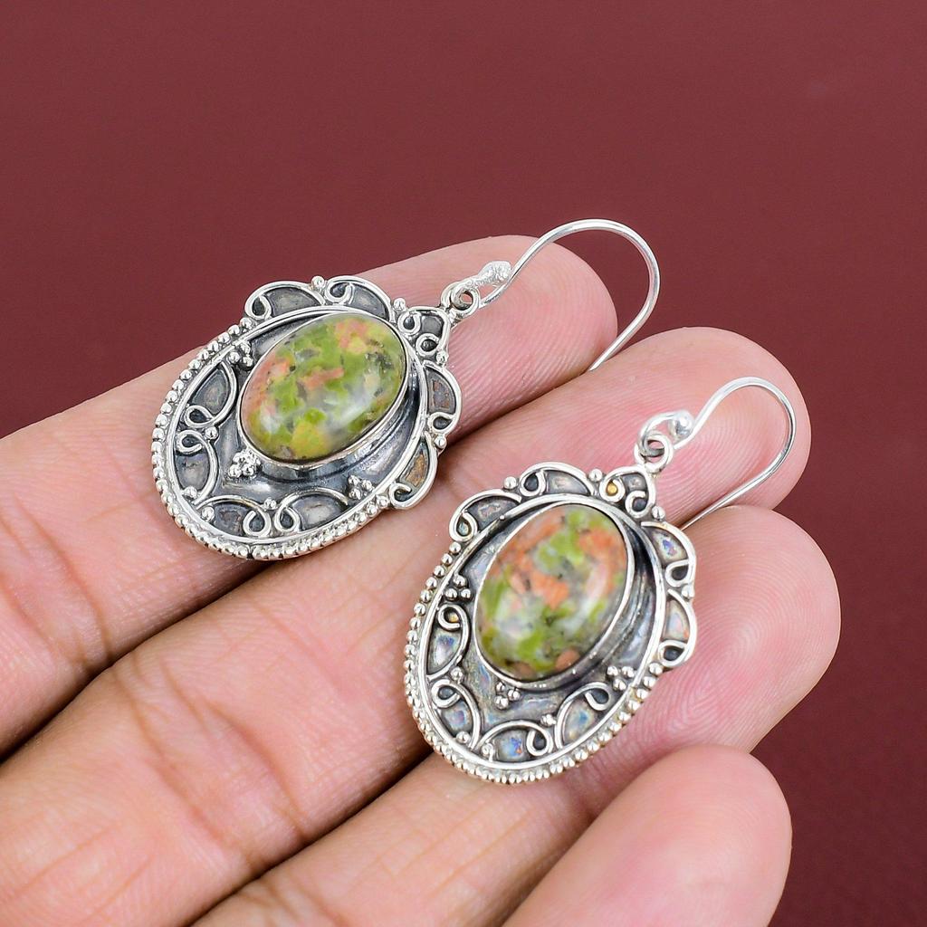 Unakite Earrings Gemstone Vintage Earring 925 Sterling Silver Earring Dangle Earring Real Unakite Jewelry Handmade Earrings Gifts For Women