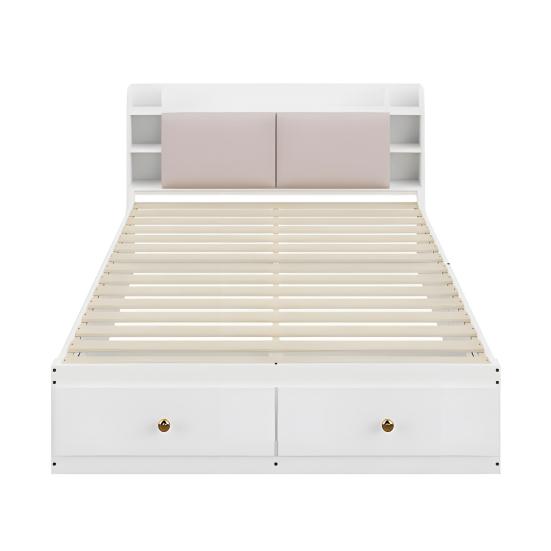 140 X 200cm Storage Bed with Drawers Headboard Built-in Storage Compartment Bedside Table Sofa Bench Strong Wood Slat Support Bed Home Furniture