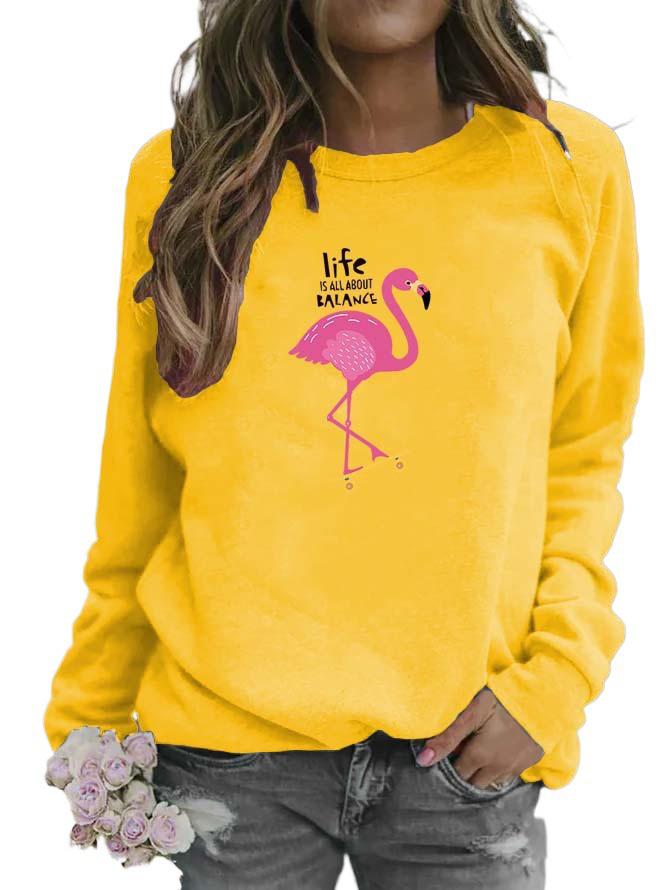 Flamingo Print Round Neck Women's Hoodie