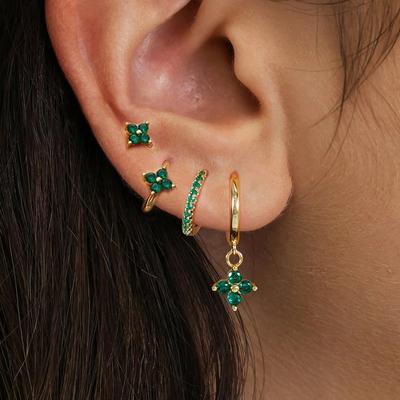 4pcs Fashion Cubic Zirconia Flower Hoop Earrings Set 18K Gold Plated Stainless Steel Stud Earring Piercing Jewelry Aretes Mujer