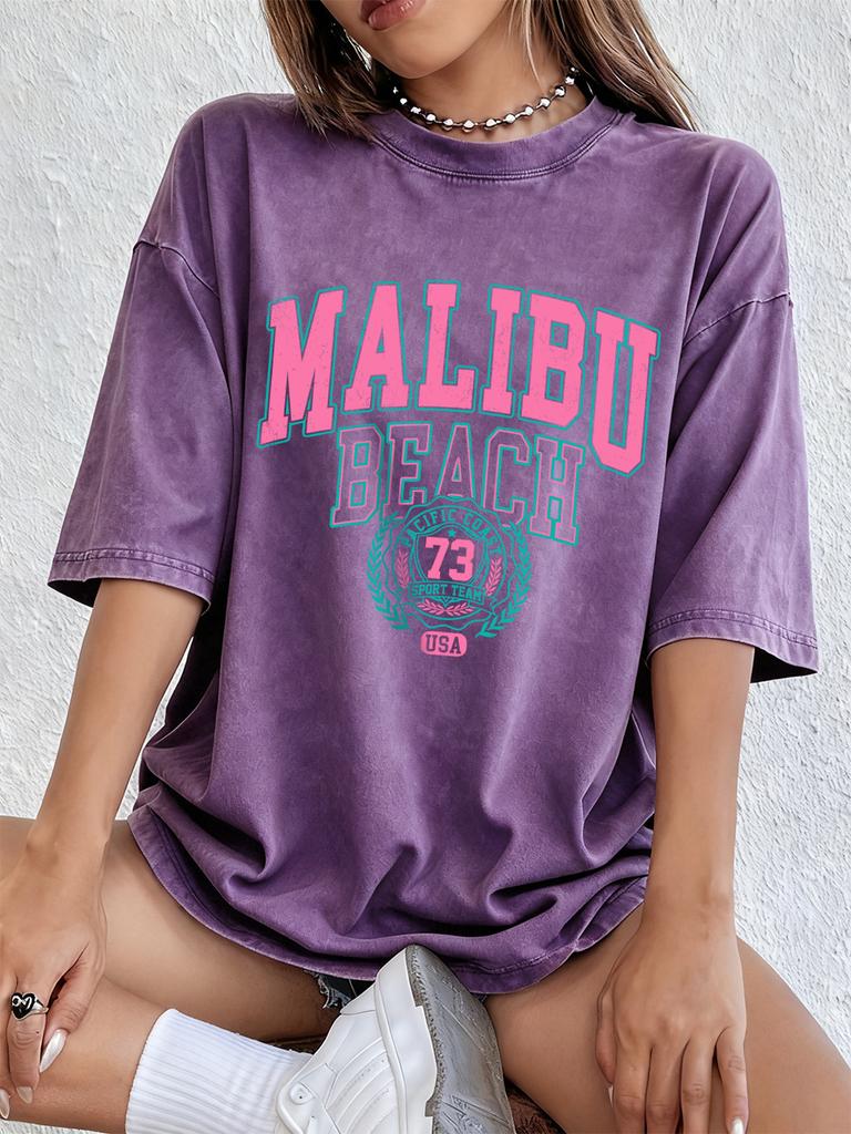 Malibu Beach Druck gewaschene T-Shirts Damen Baumwolle Kurzarm Tops Street Rundhals Oversized T-Shirts Hip Hop Trend Kleidung