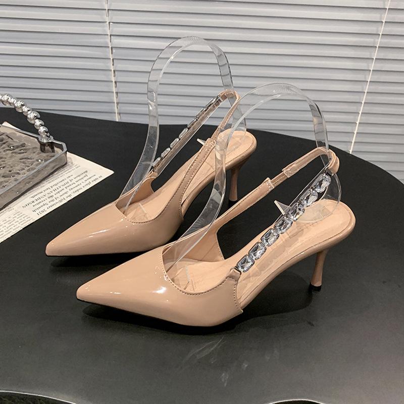 

Остроносые нюдовые сандалии женские супер фея 2025 лето новая тонкий каблук лакированная кожа фея ветер пустые высокие каблуки туфли 40
