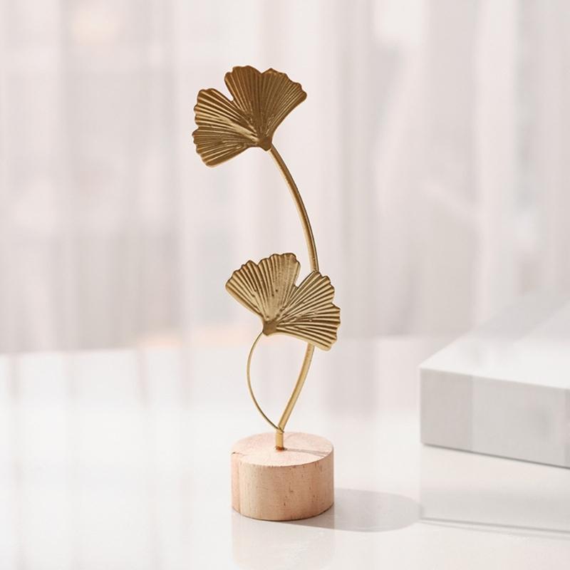 Nordic Iron Art Ginkgo Leaf Statue Sculpture with Wood Base Desktops Decorations Home Living Room Book Shelf Ornament