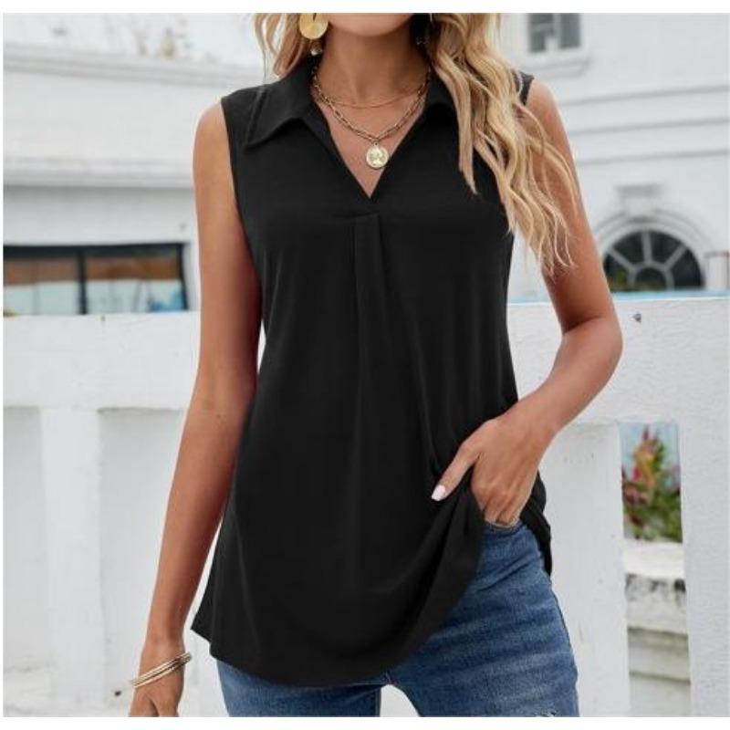 YYFS Women's Fashion Casual Summer Spring Solid Color Print Sleeveless POLO Neck Blouses & Shirts