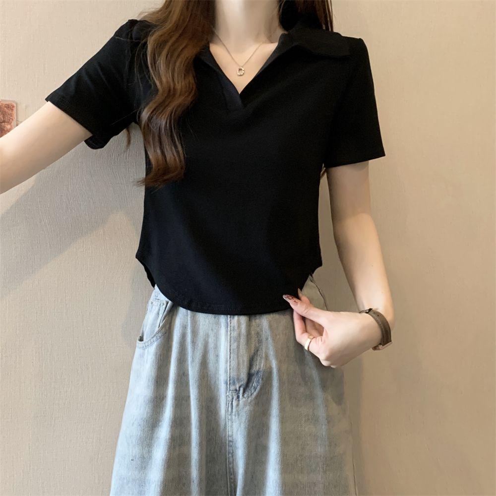 

Женская корейская приталенная футболка с коротким рукавом и воротником поло S чёрный