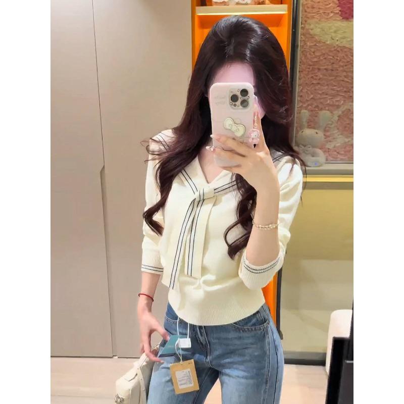 Schalriemen Dunkelblauer Kragen Unterziehoberteil Damen Herbst Temperament Dünner Strickpullover Design-Sinn Vielseitig Langarm