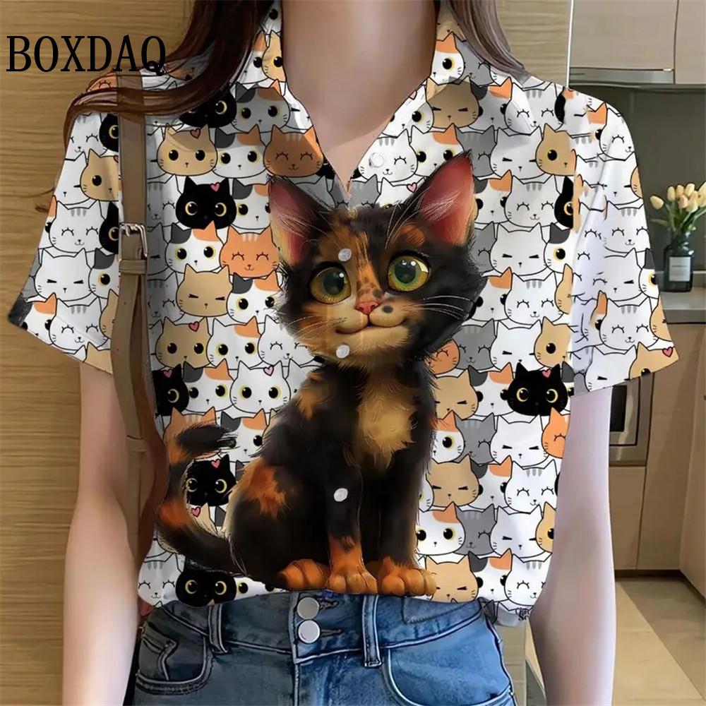 Womens Shirts Artistic Cute Cat Printed Casual Hawaiian Short Sleeve Button Beach Shirt Summer New Blouse Women's Clothes 2025
