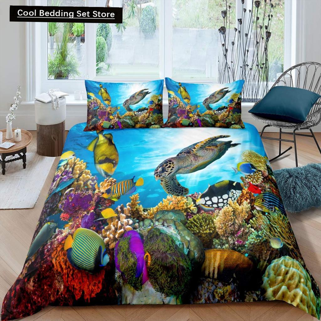 Summer Beach King Queen Duvet Cover Blue Ocean Fish Bedding Set Hawaiian Sea Palm Trees Quilt Cover Marine Life Comforter Cover