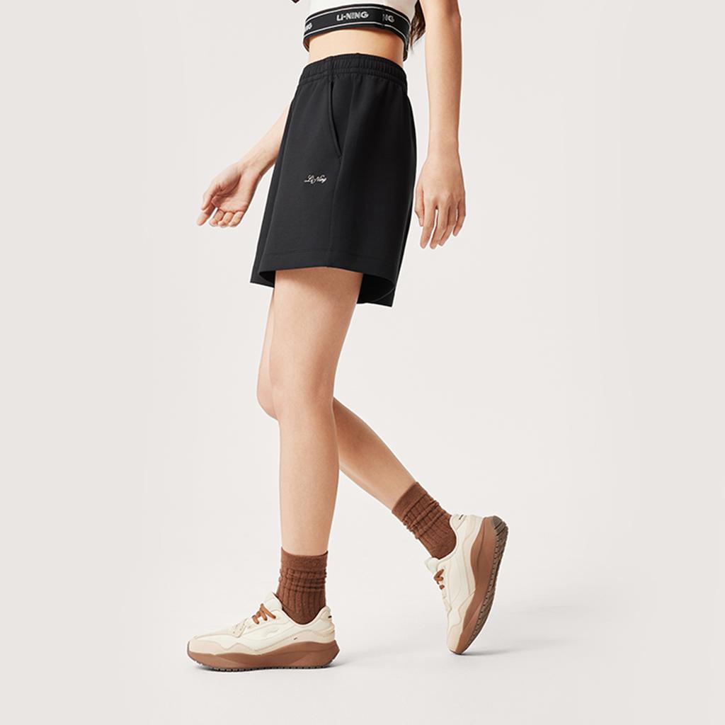 Li Ning Sports Trend Series Solid Color Mid Waist Breathable Versatile Straight Leg Casual Shorts Women shorts Black AKSV178-4