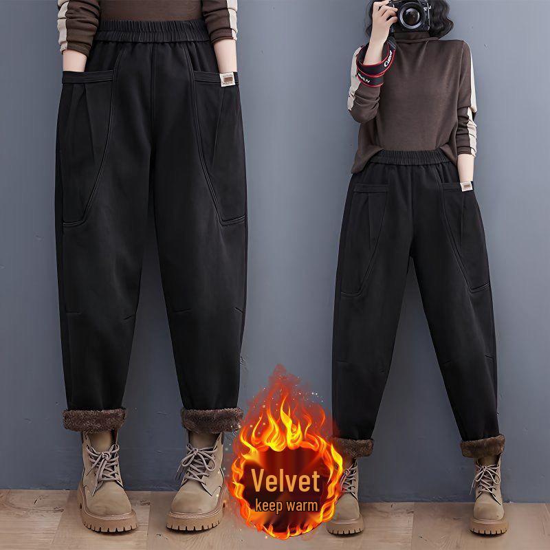 

Women s Winter Fleece-Lined Loose Harem Jeans with Large Pockets - Plus Size M [for 90-115 lbs]