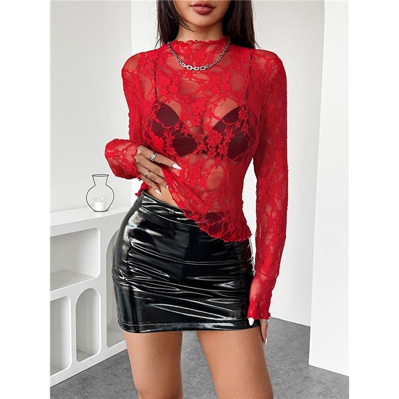 Europe And The United States Spring Elegant Fashion Ladies Lace Slim Thin Long-sleeved Blouse