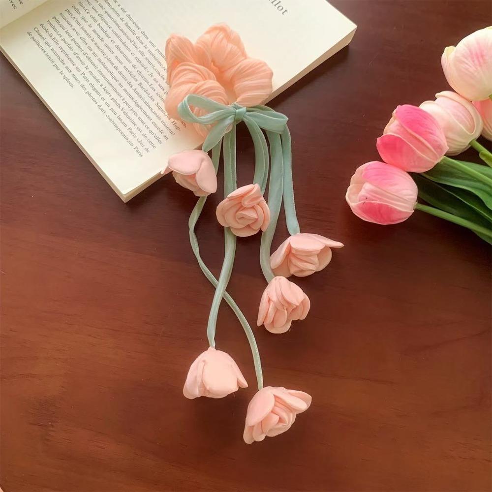Tulips Floral Floral Scrunchie With Dangling Ribbon Ethereal Design Hair Accessory Le Muguet Dangling Ribbon Decoration Women