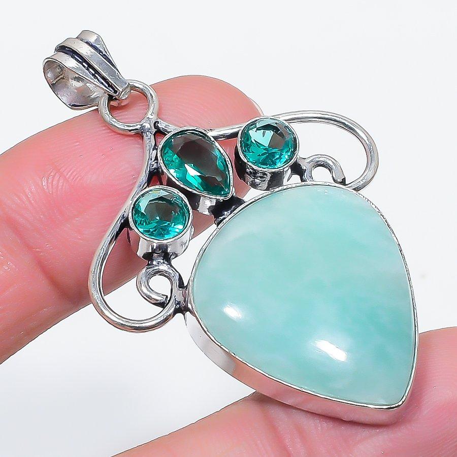 Natural Amazonite, Diopside 925 Sterling Silver Jewelry Pendant 2.17" j8c63