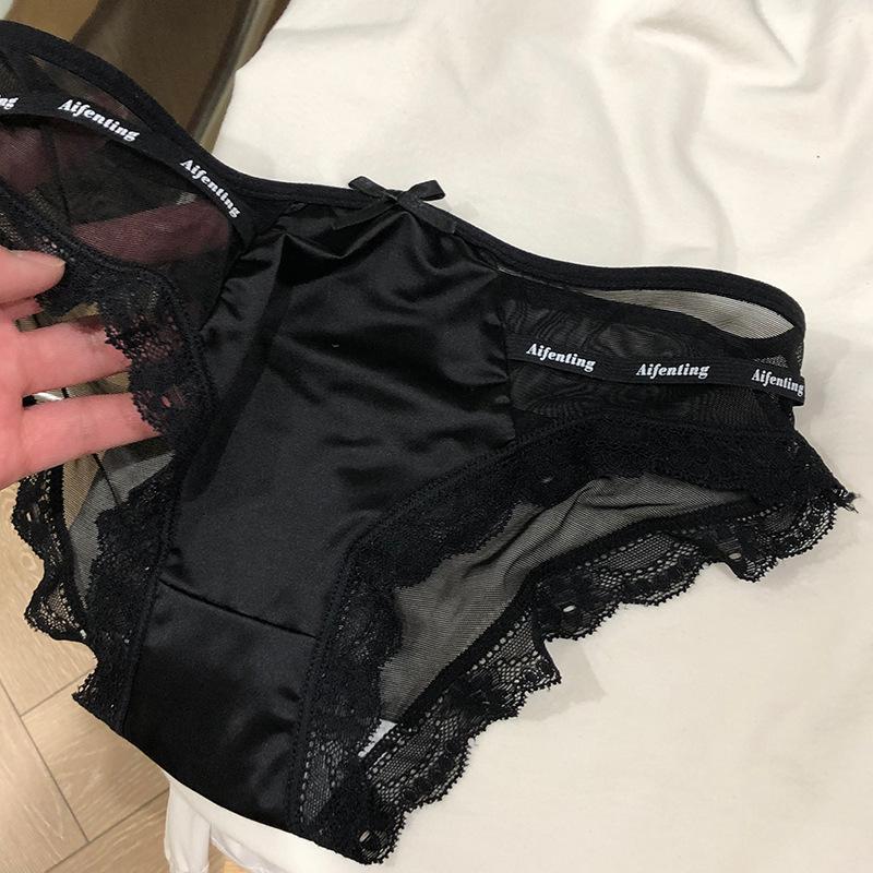 Satin Letter Hollowed Out Fashionable Women's Ice Silk Black Lace Underwear Sexy New Women's Triangle Pants