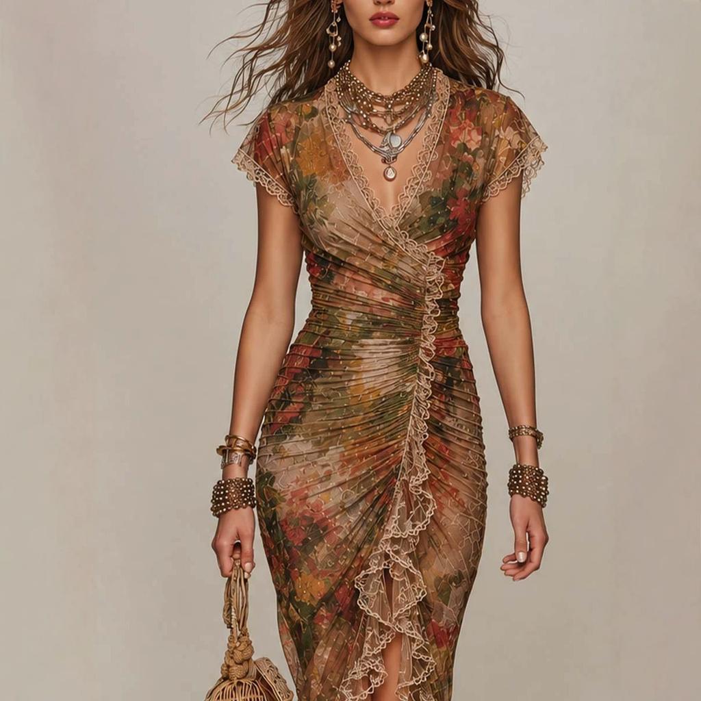 New International Station Women's European and American Sexy Elegant Lace Printed Dress