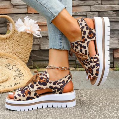 Damen Sandalen mit Leopardenmuster und Plateau - Sommerliche Schnürschuhe mit offenem Zeh und dicker, gepolsterter TPU-Sohle, atmungsaktiv