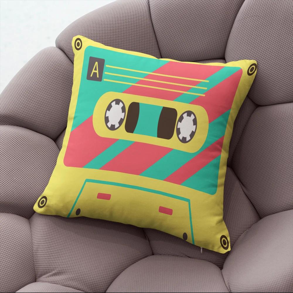 Fun Decorative Pillow Cover With Music Tape Print Cute Kawaii Camera Sofa Bedside Cushion Cover Short Plush Zipper Pillowcase