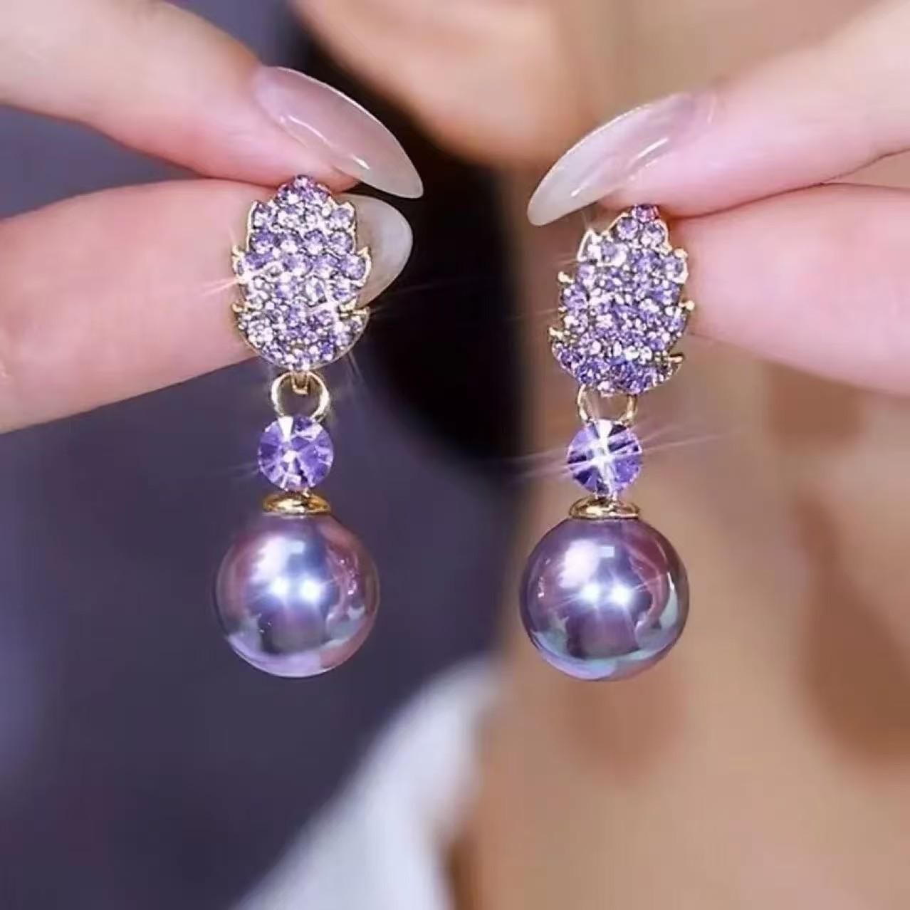 2025 Year of the Dragon Purple Rhinestone Leaf Earrings - Elegant Autumn/Winter Design