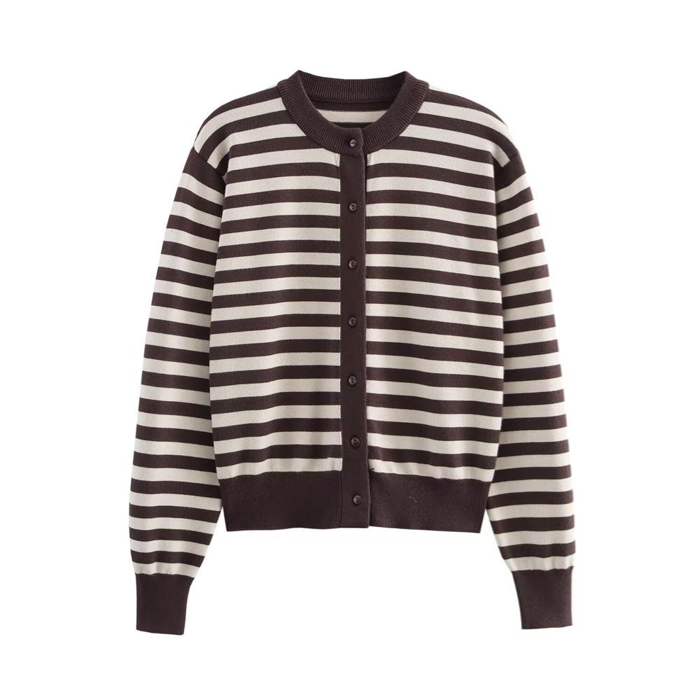 

Весна 2025 Женский полосатый вязаный кардиган с круглым вырезом и длинными рукавами S темно-коричневого
