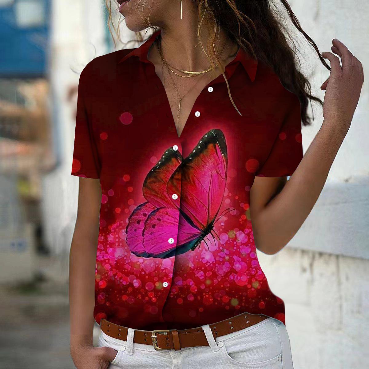 

2025 Лето Новая Мода Женская Повседневная Рубашка Топ с Коротким Рукавом и V-образным Вырезом на Пуговицах с Принтом Бабочек 8XL