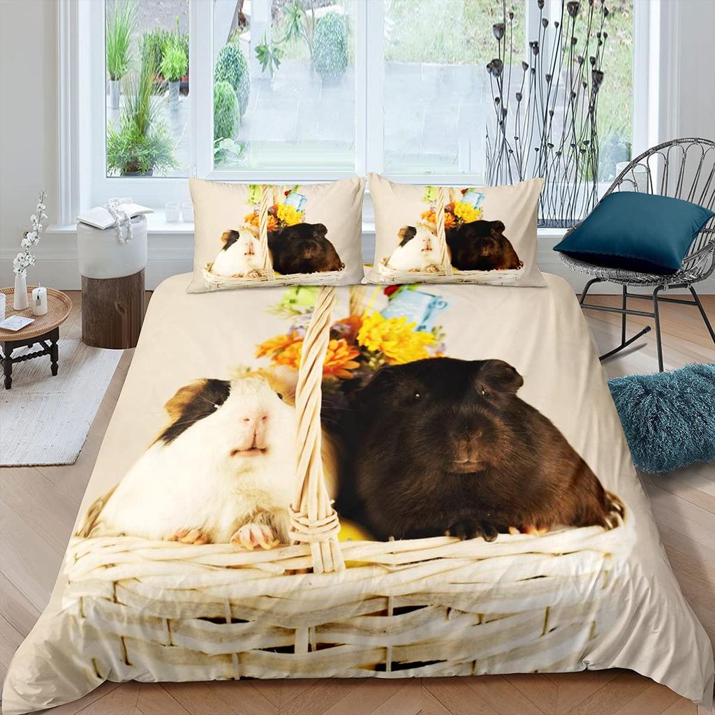 Guinea Pig King Queen Bedding Set Lovely Cartoon Mouse Duvet Cover Flower Plant Animal Comforter Cover Polyester Quilt Cover